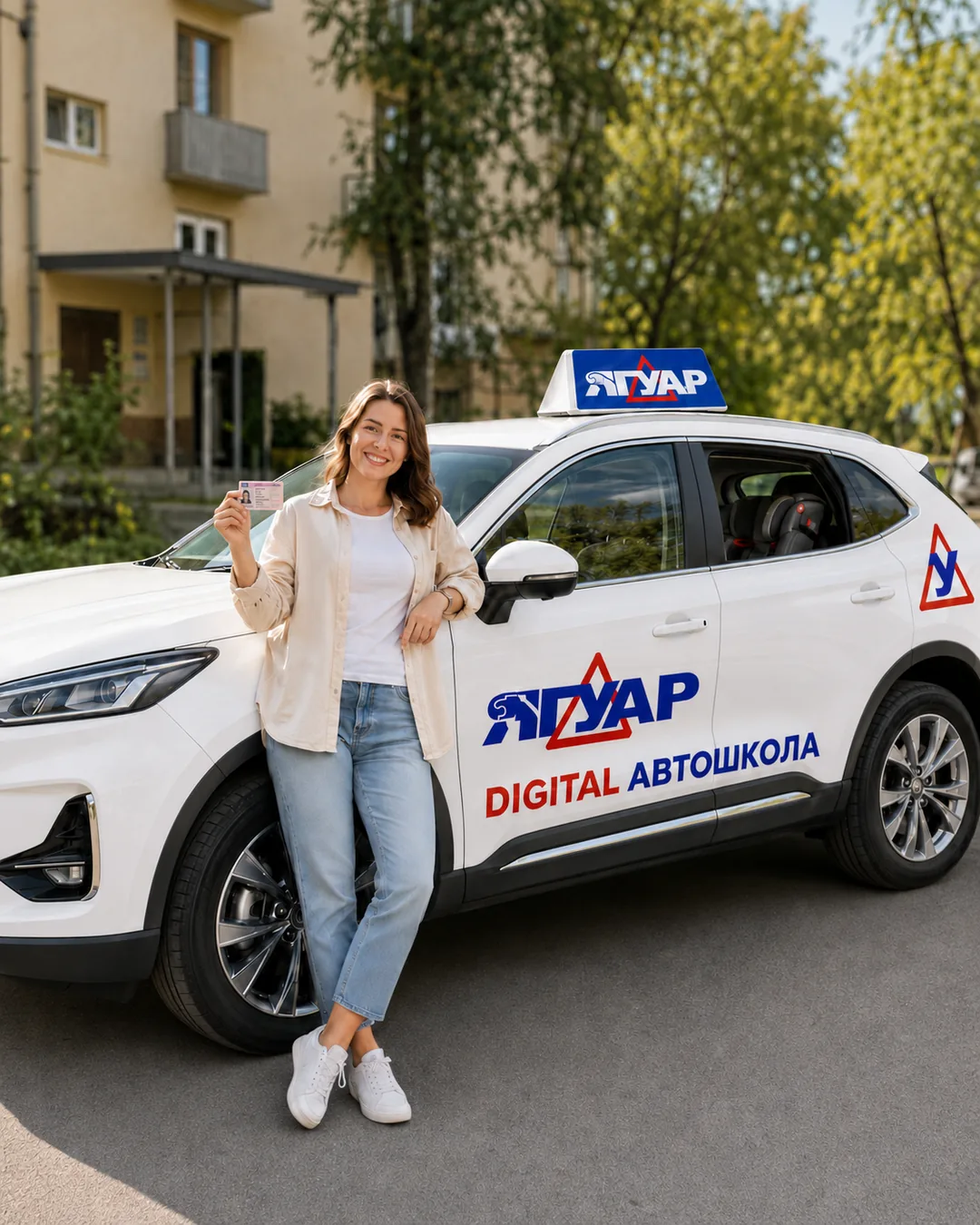 Мама с правами у брендовой машины автошколы «Ягуар»