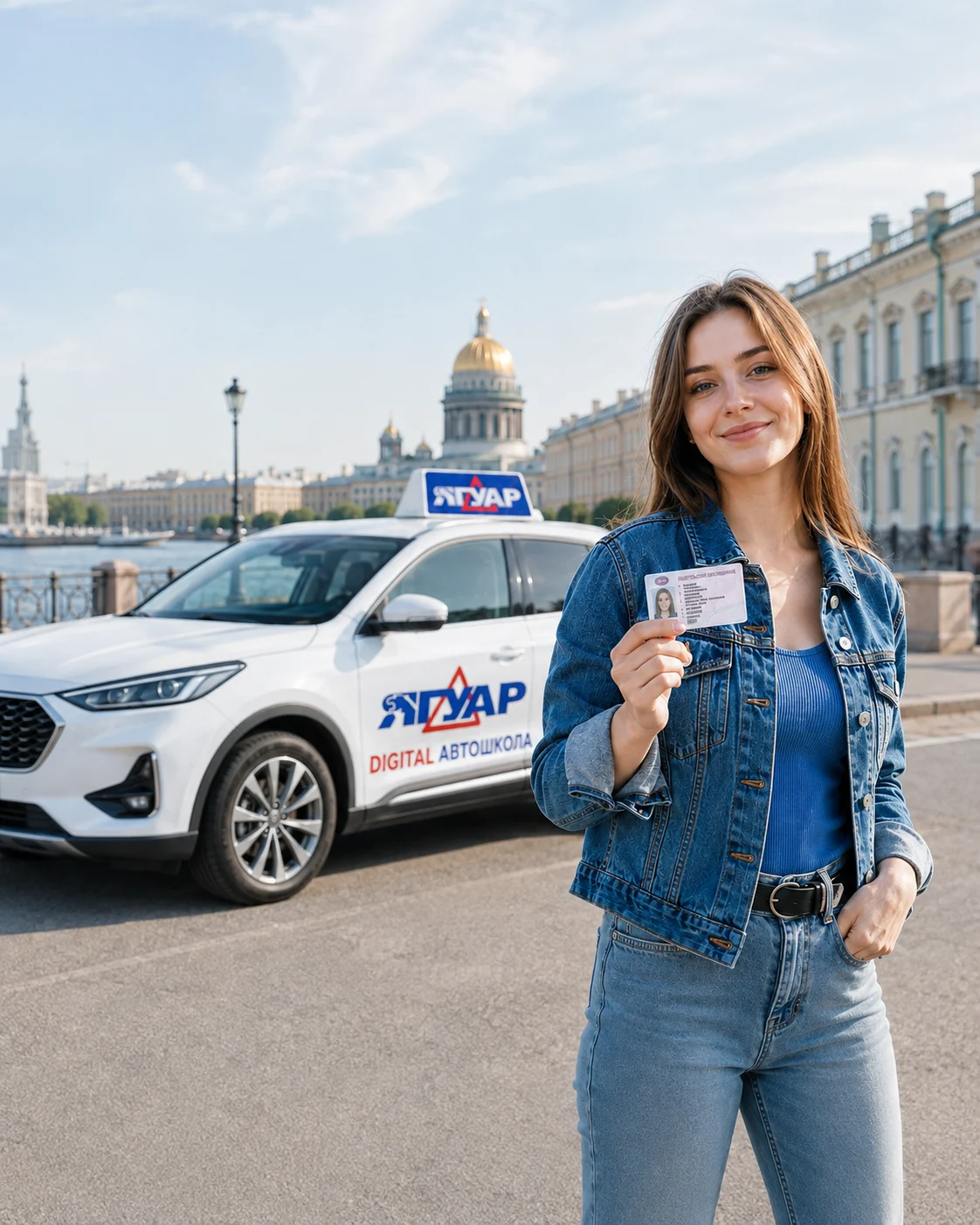 Выпускница автошколы «Ягуар» с водительским удостоверением на фоне Санкт-Петербурга