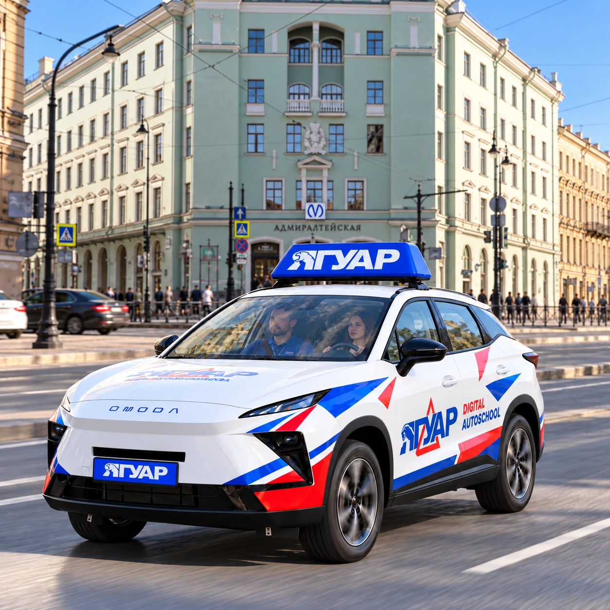 Учебный автомобиль «Ягуар» в движении рядом с метро Адмиралтейская