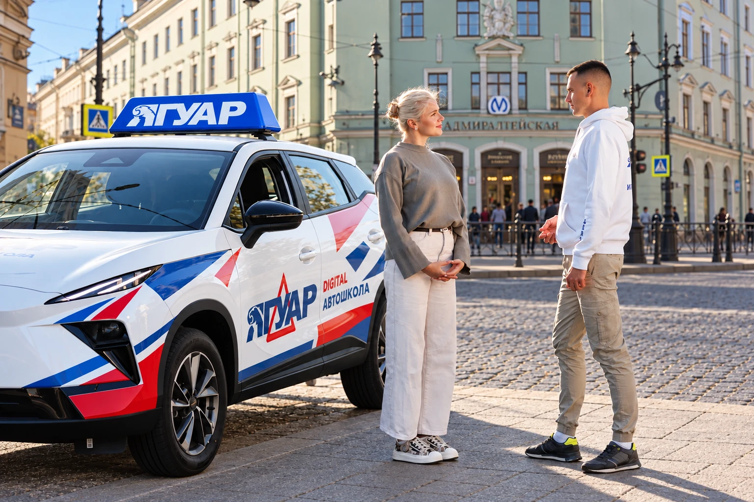 Ученица встречается с инструктором у метро Адмиралтейская