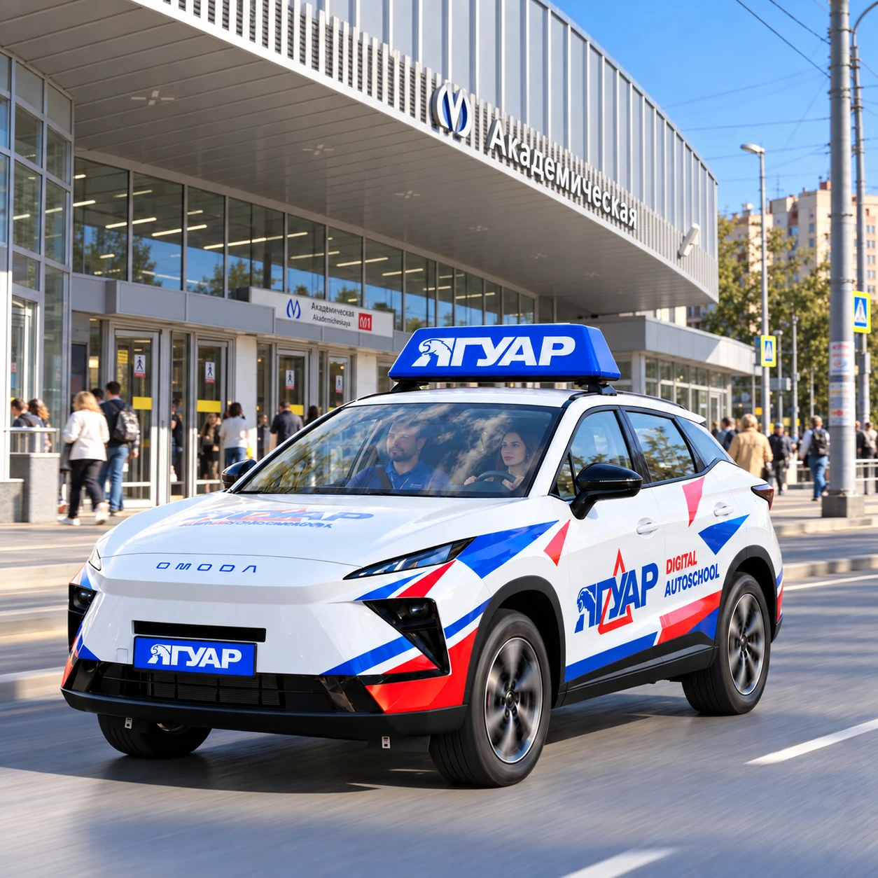 Учебный автомобиль «Ягуар» в движении рядом с метро Академическая