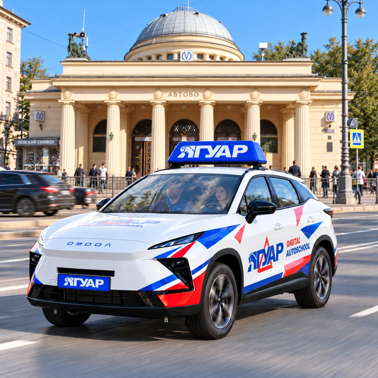Учебный автомобиль «Ягуар» в движении рядом с метро Автово