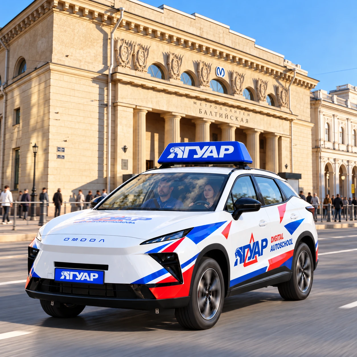 Учебный автомобиль «Ягуар» в движении рядом с метро Балтийская
