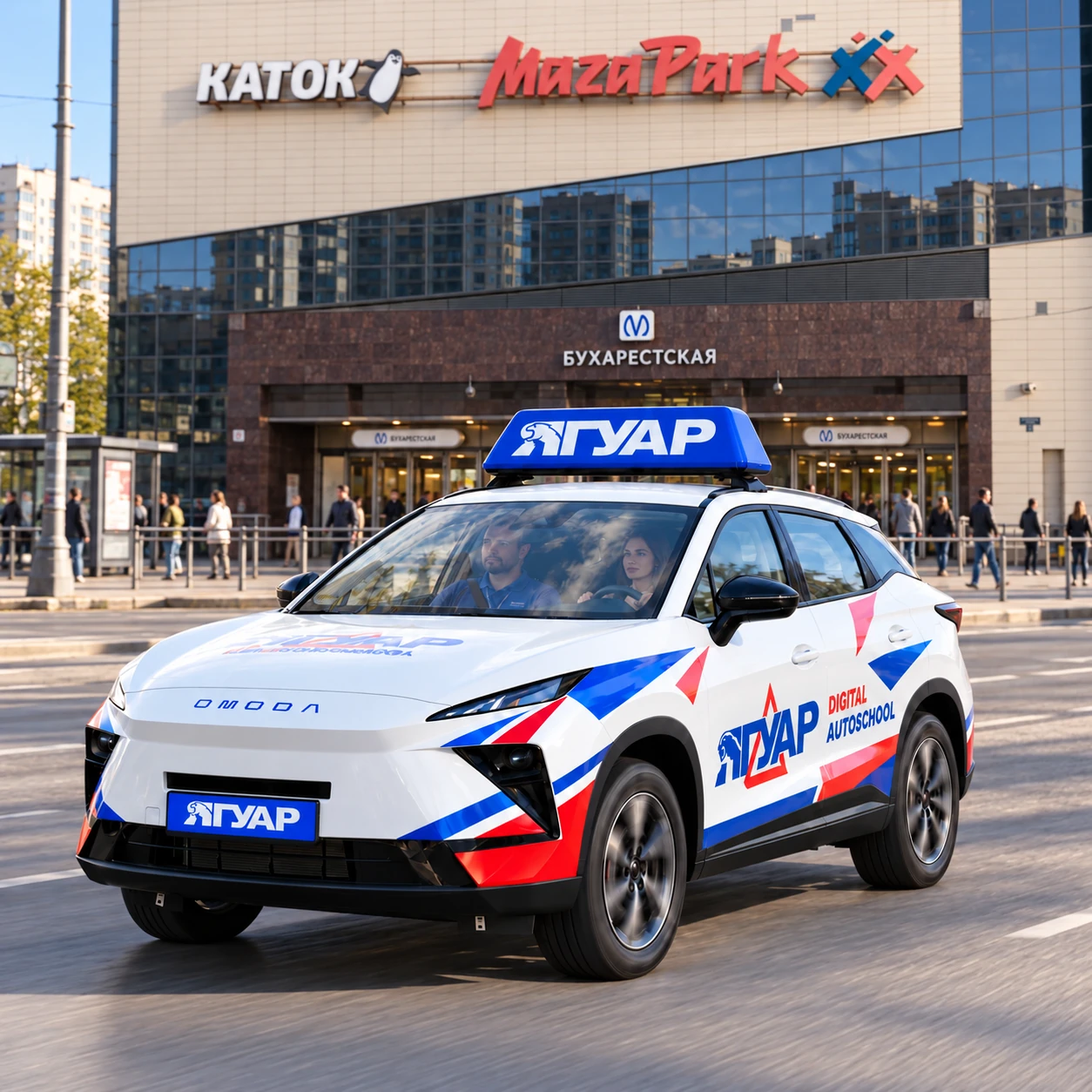 Учебный автомобиль «Ягуар» в движении рядом с метро Бухарестская