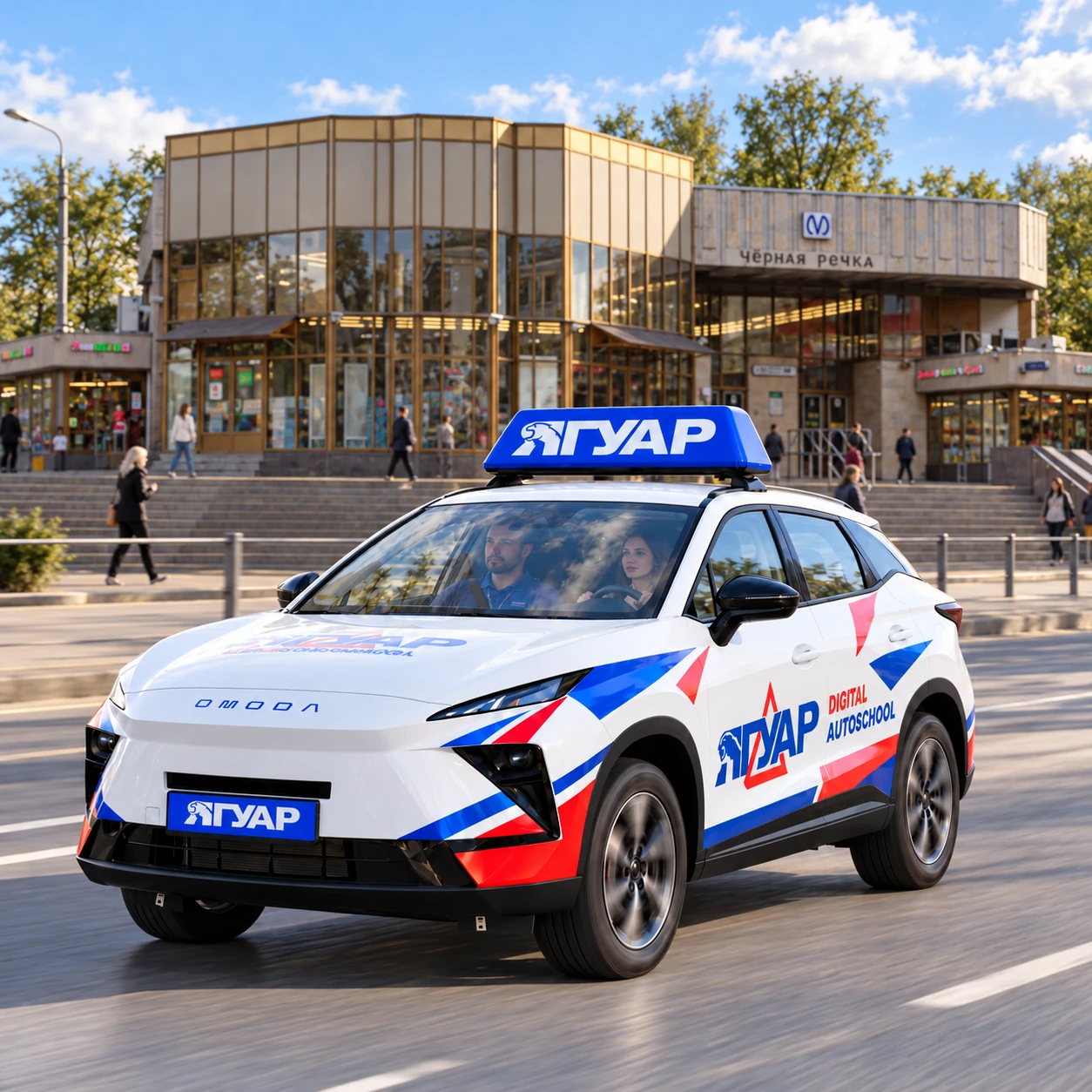 Учебный автомобиль «Ягуар» в движении рядом с метро Чёрная речка