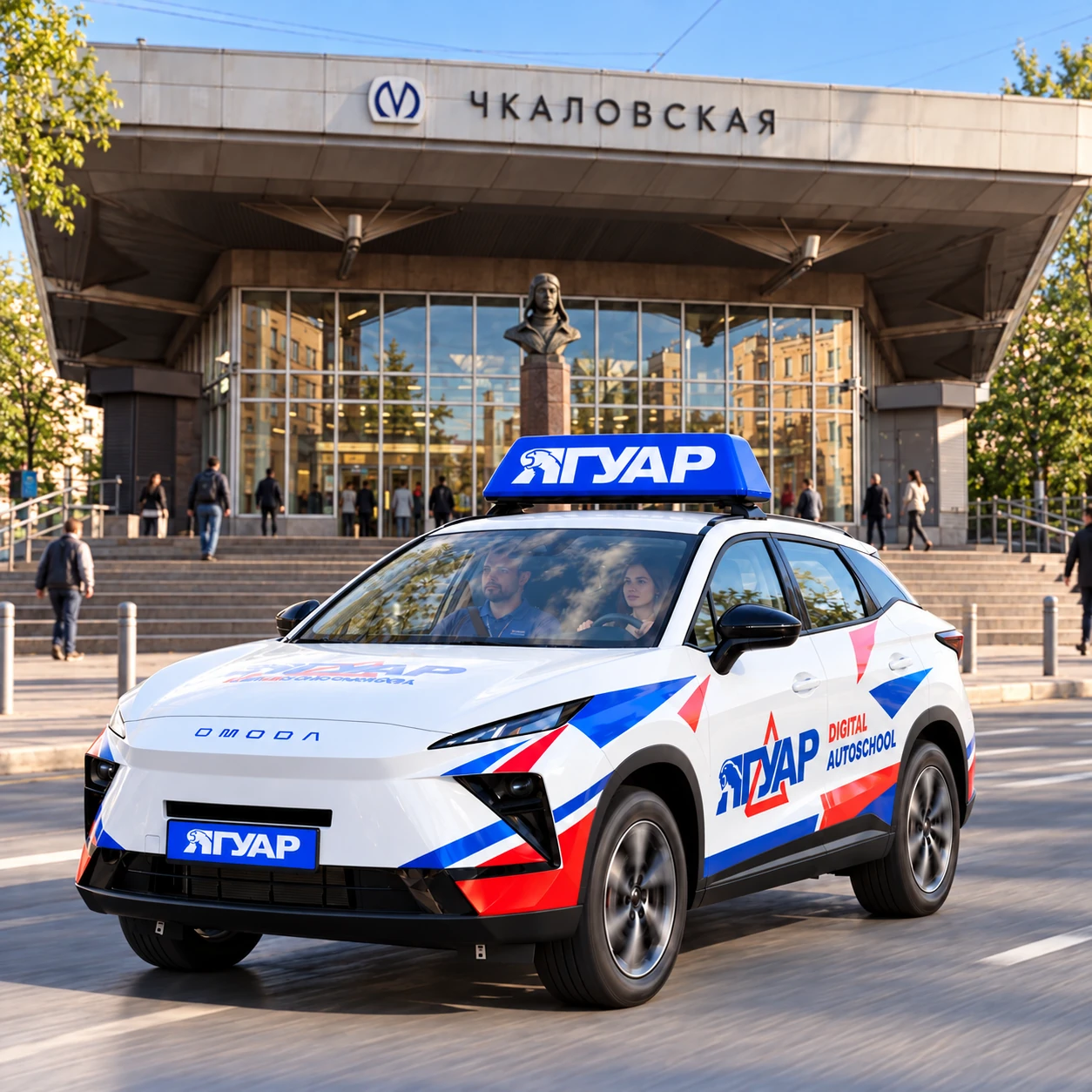 Учебный автомобиль «Ягуар» в движении рядом с метро Чкаловская