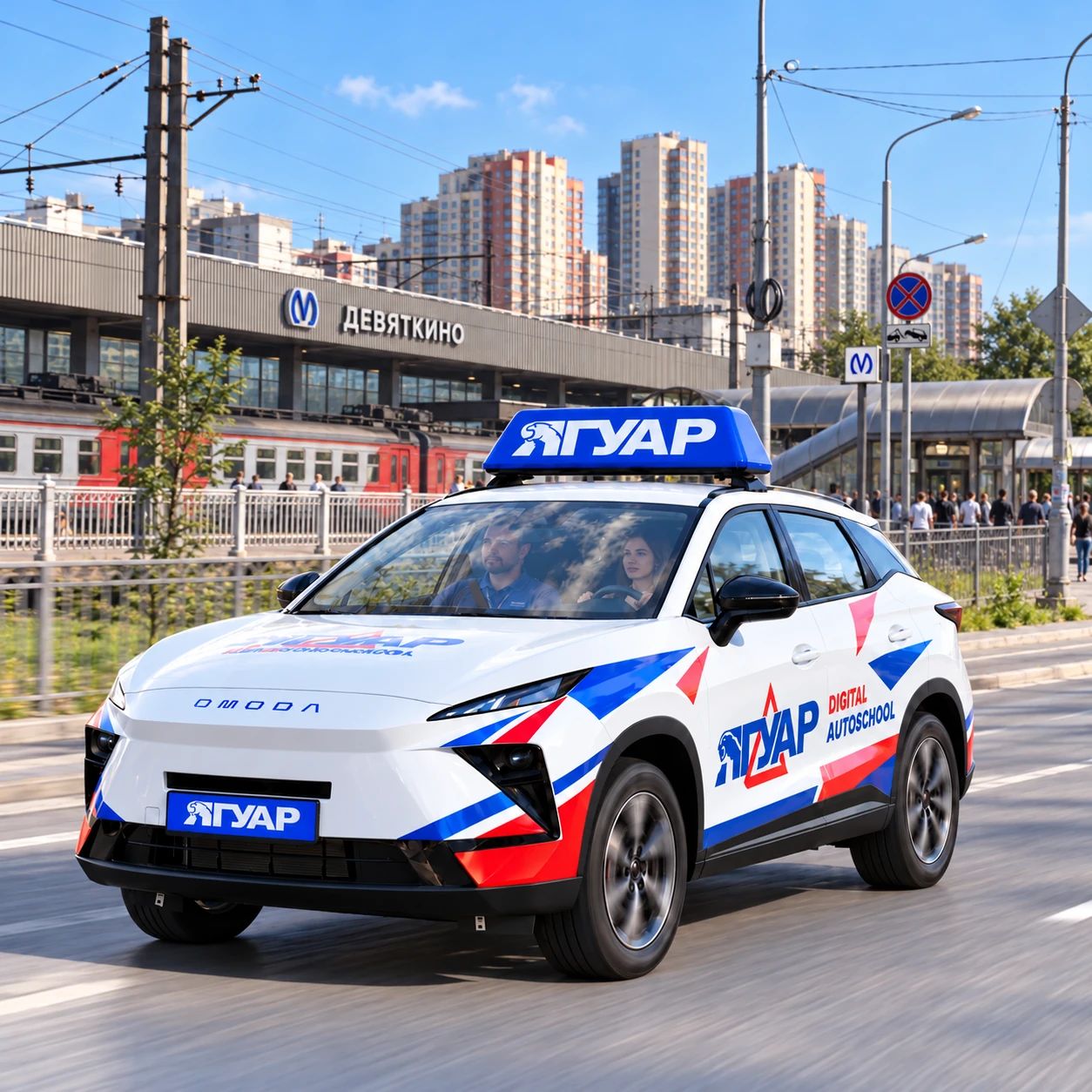 Учебный автомобиль «Ягуар» в движении рядом с метро Девяткино