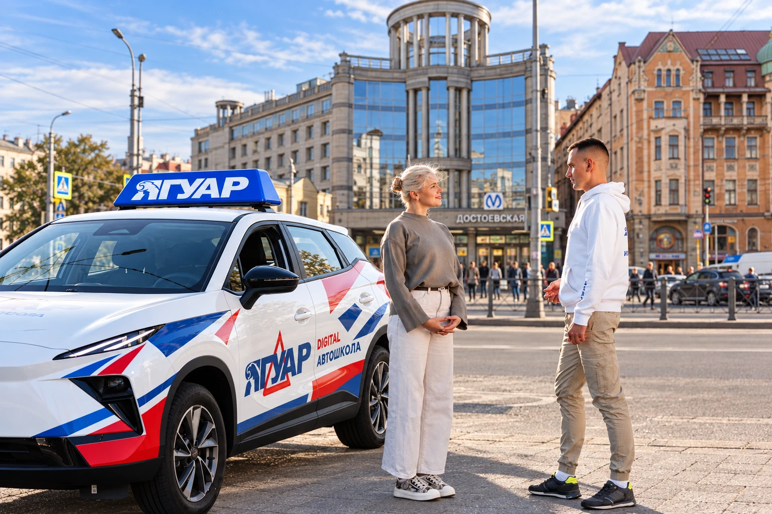 Ученица встречается с инструктором у метро Достоевская