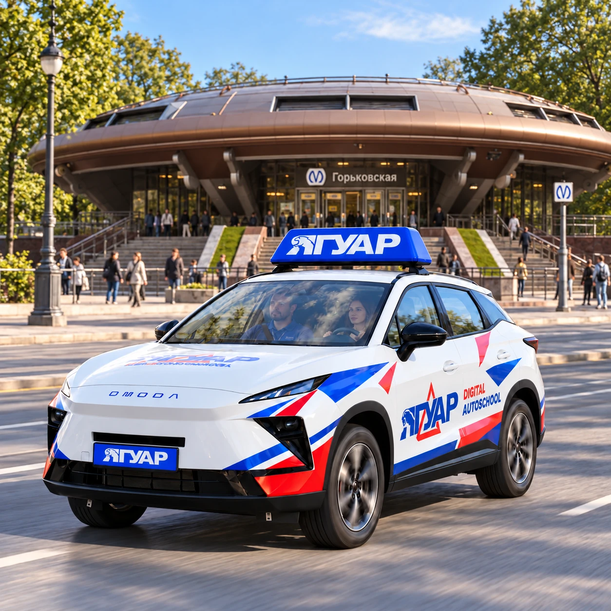 Учебный автомобиль «Ягуар» в движении рядом с метро Горьковская