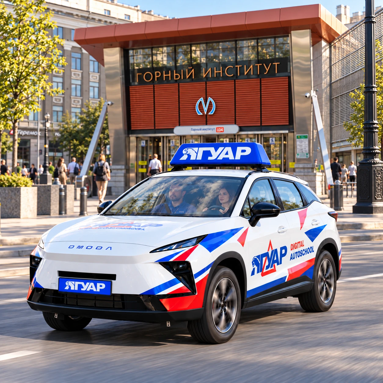 Учебный автомобиль «Ягуар» в движении рядом с метро Горный институт