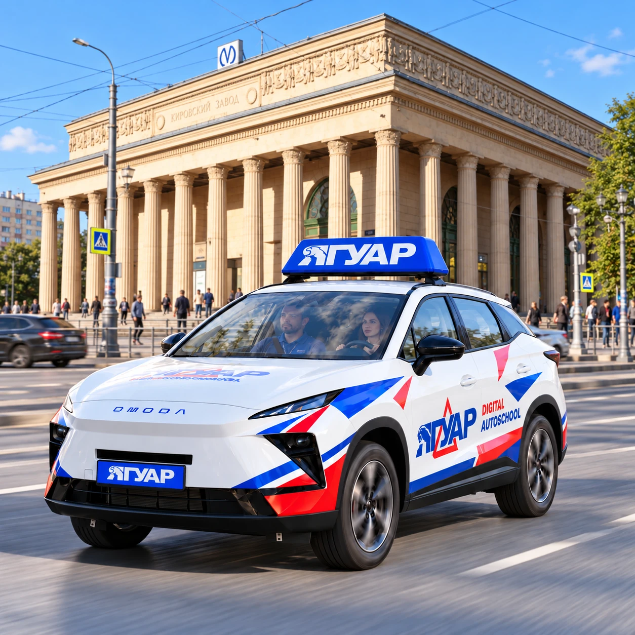Учебный автомобиль «Ягуар» в движении рядом с метро Кировский завод