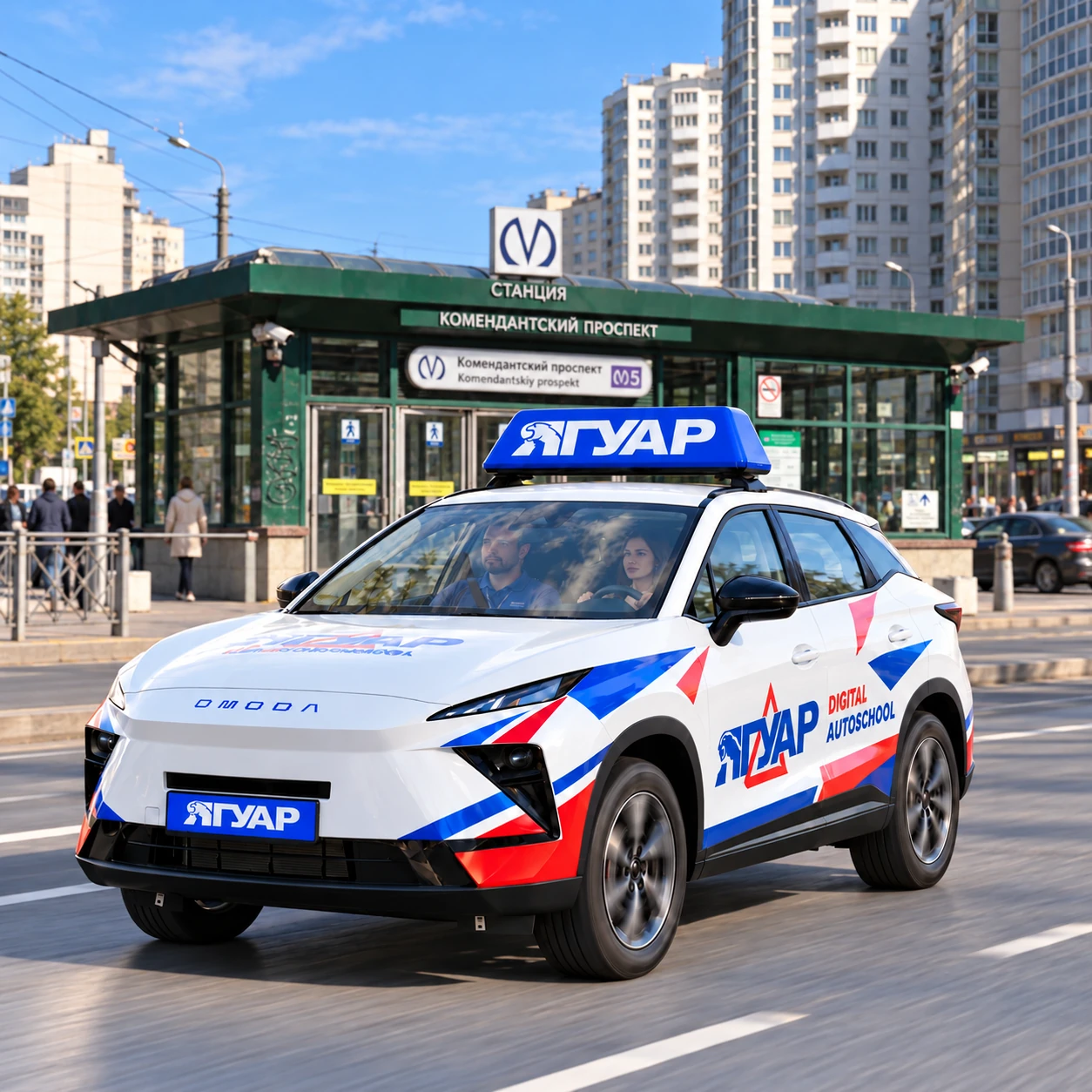 Учебный автомобиль «Ягуар» в движении рядом с метро Комендантский проспект
