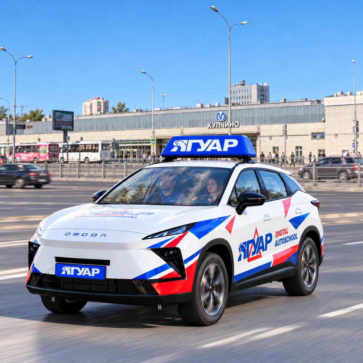 Учебный автомобиль «Ягуар» в движении рядом с метро Купчино