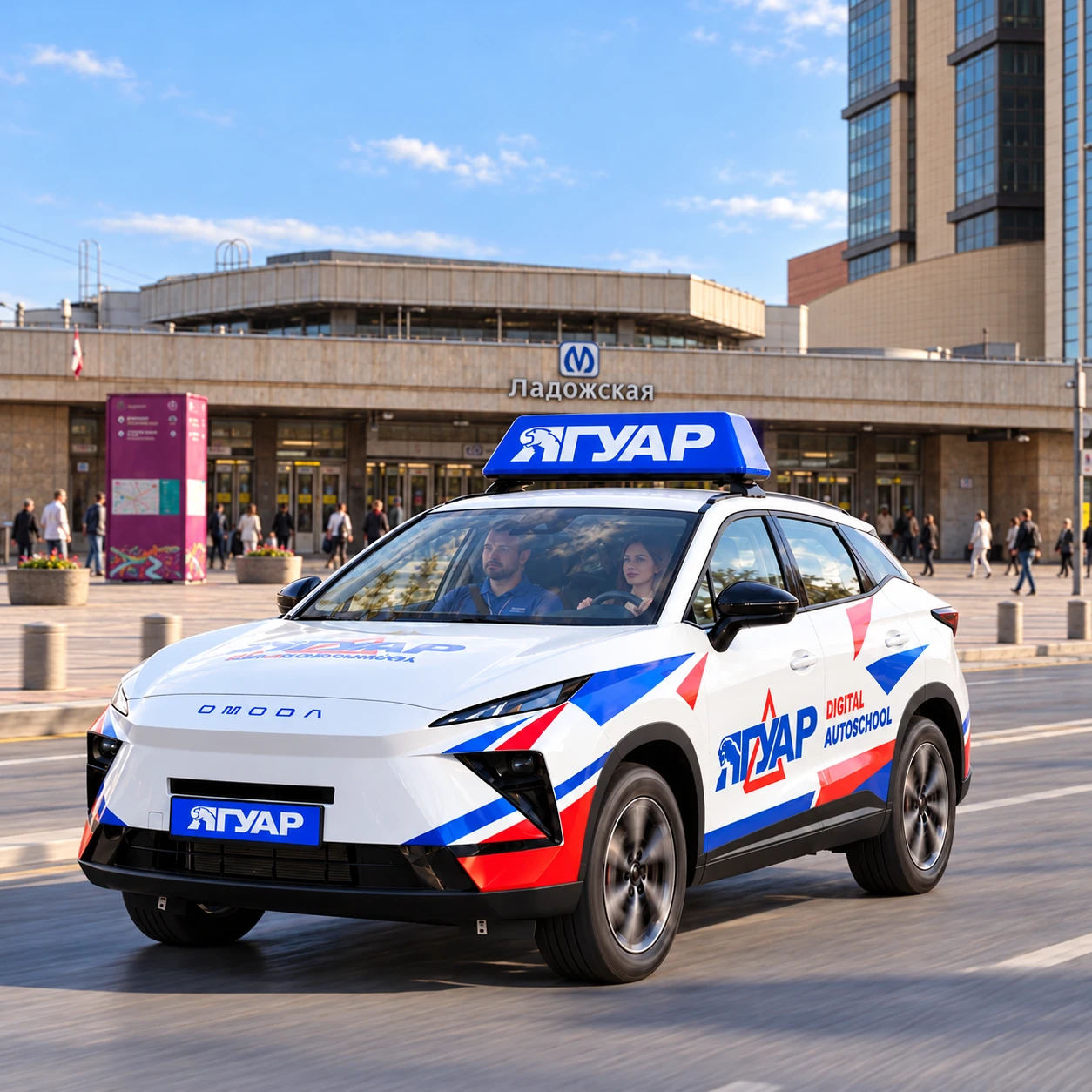 Учебный автомобиль «Ягуар» в движении рядом с метро Ладожская