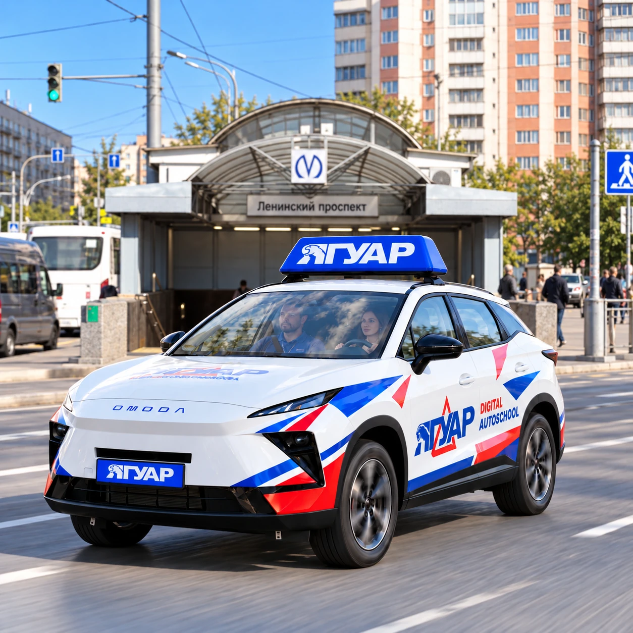 Учебный автомобиль «Ягуар» в движении рядом с метро Ленинский проспект