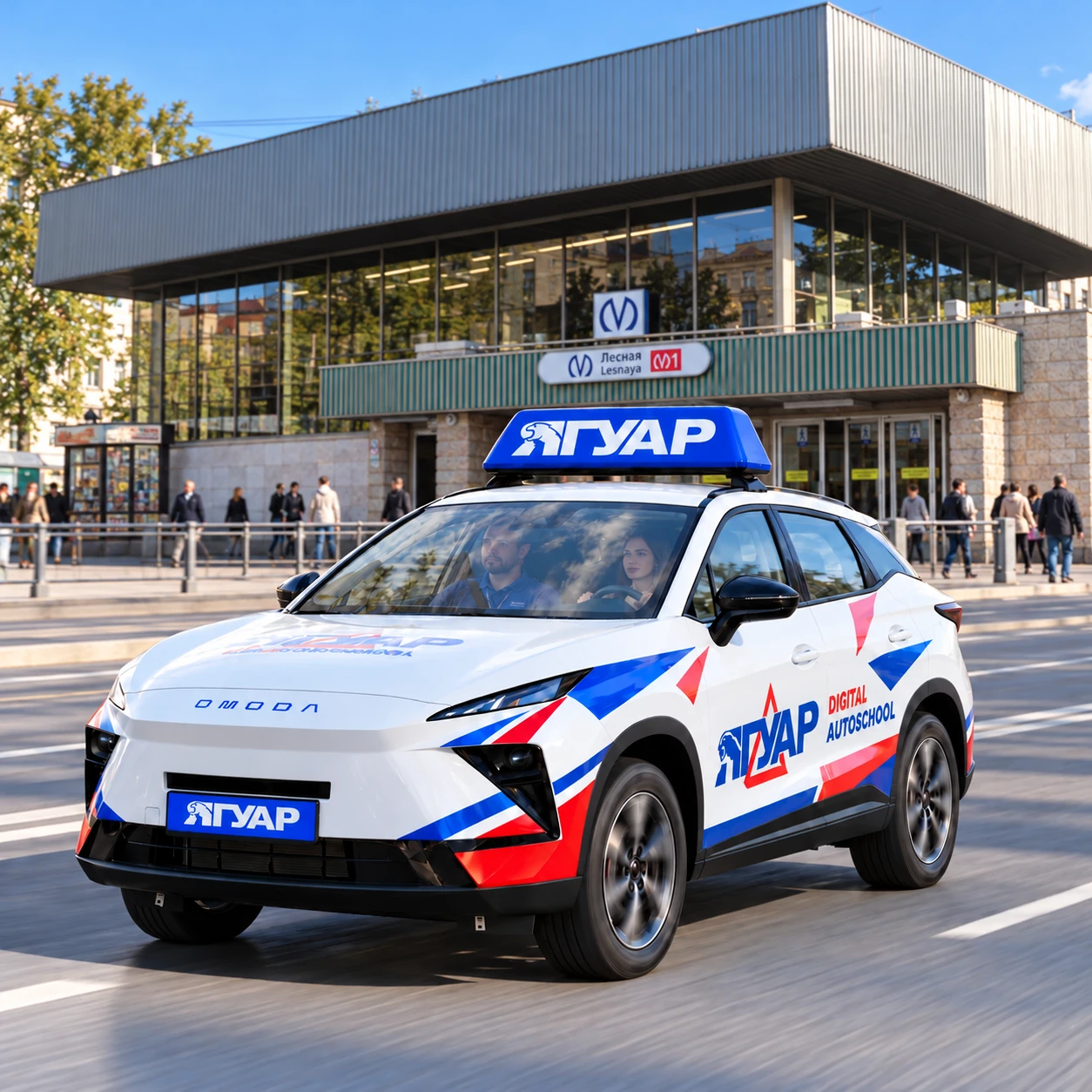 Учебный автомобиль «Ягуар» в движении рядом с метро Лесная