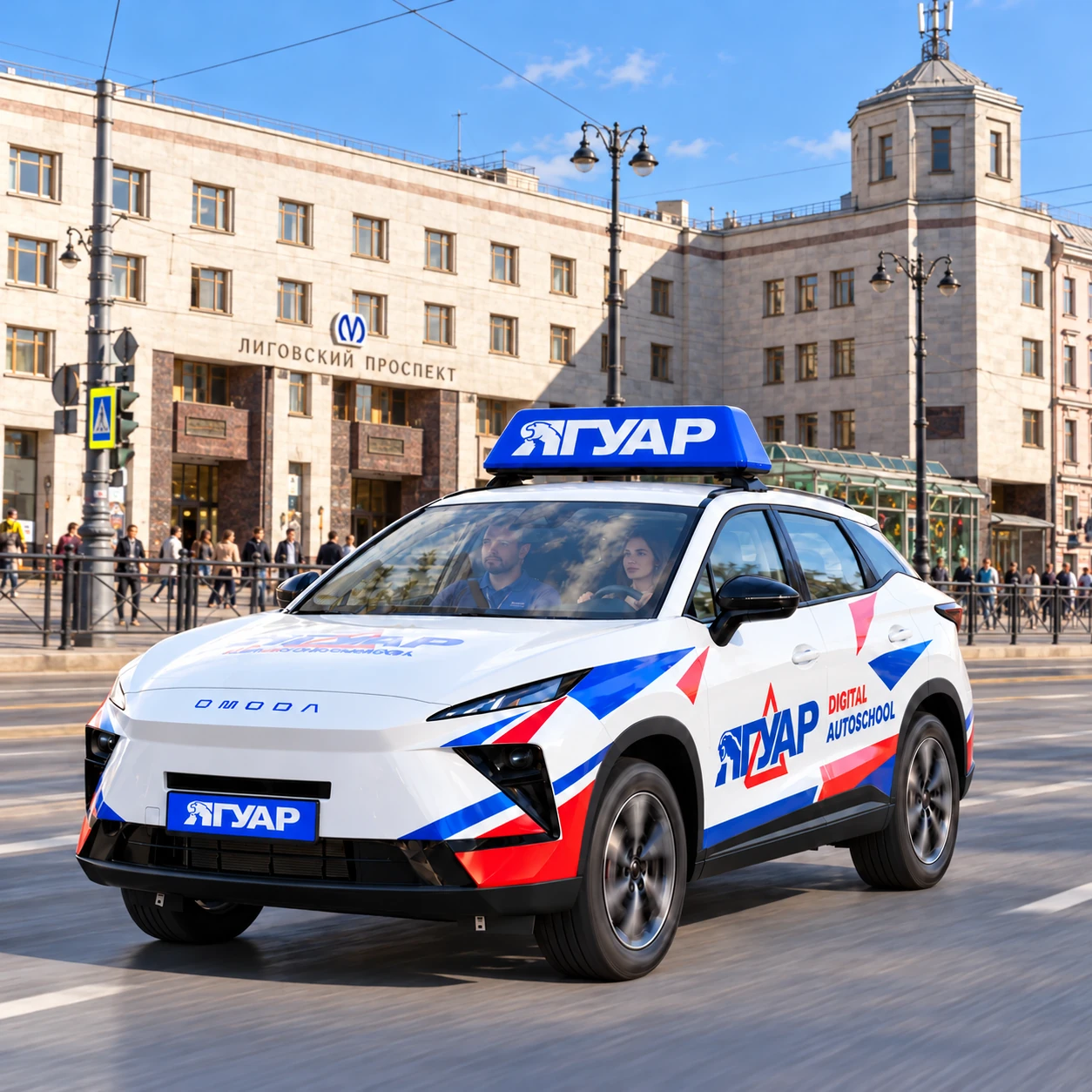 Учебный автомобиль «Ягуар» в движении рядом с метро Лиговский проспект