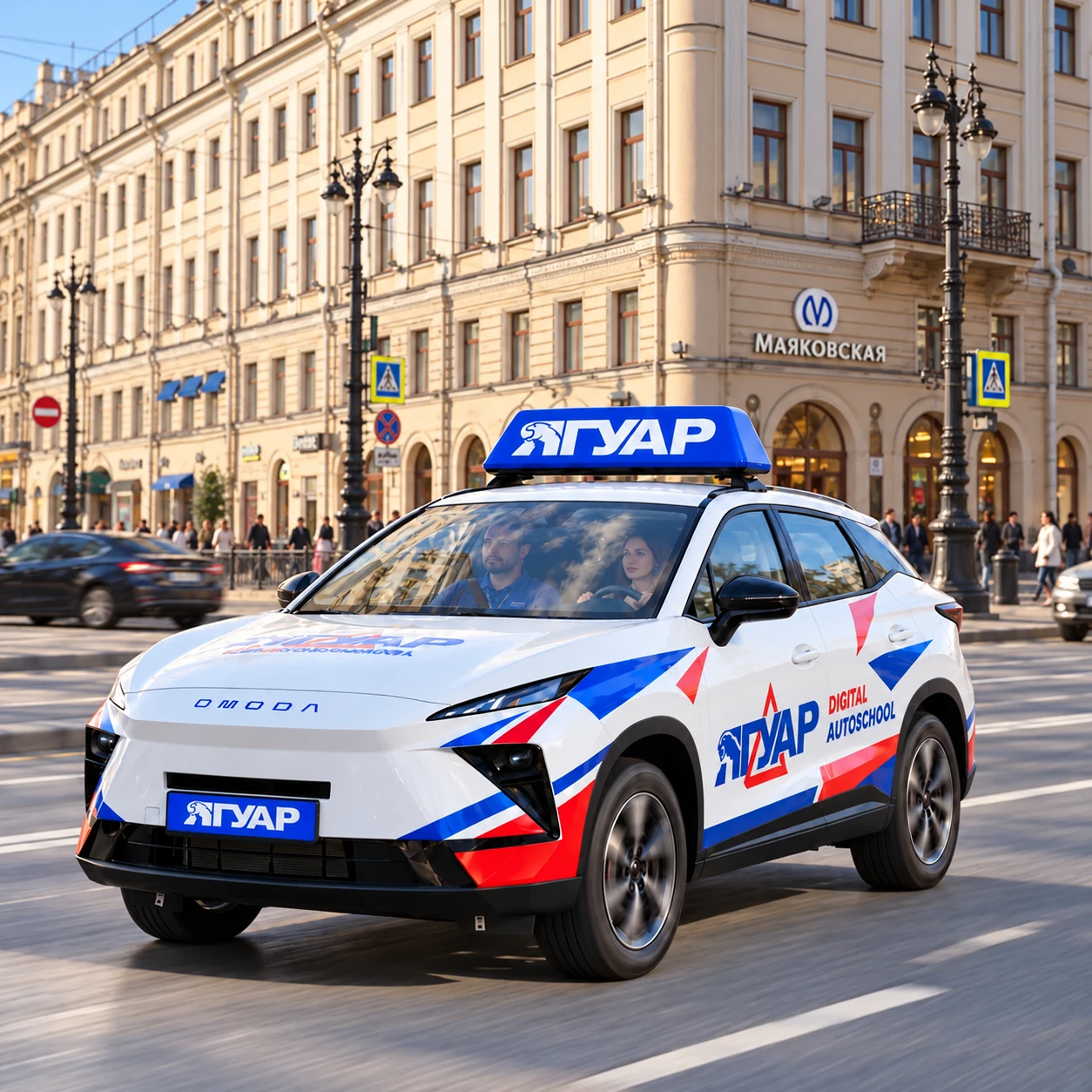 Учебный автомобиль «Ягуар» в движении рядом с метро Маяковская