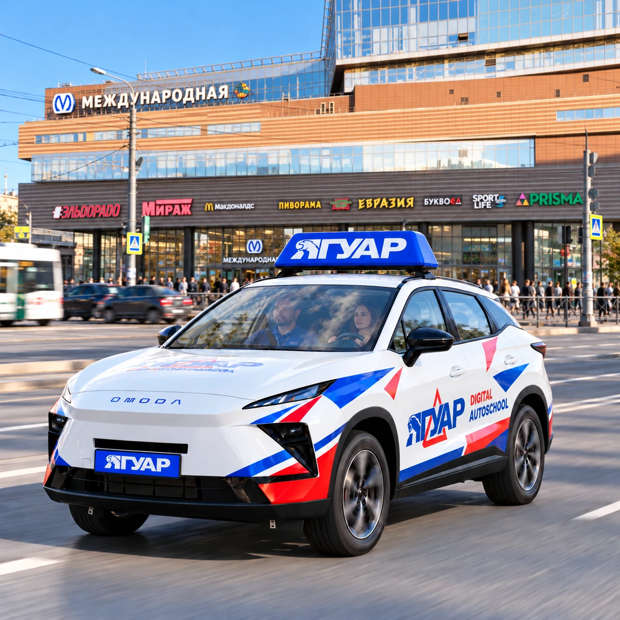 Учебный автомобиль «Ягуар» в движении рядом с метро Международная