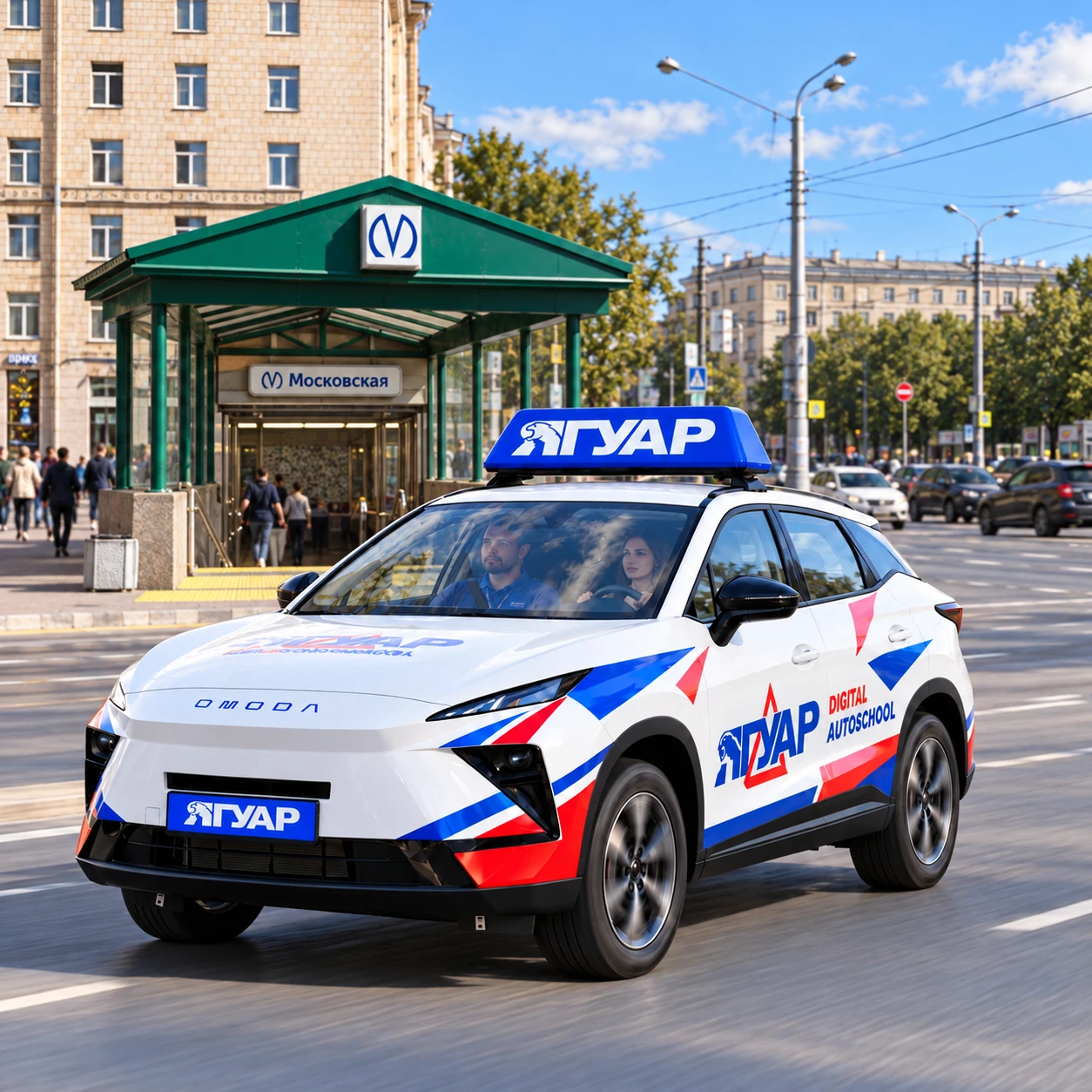 Учебный автомобиль «Ягуар» в движении рядом с метро Московская