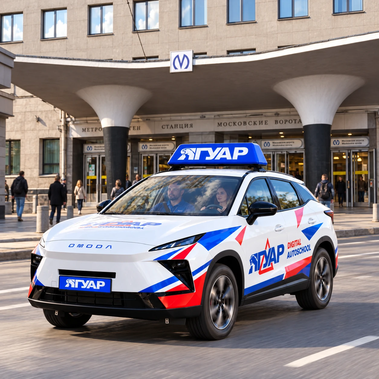 Учебный автомобиль «Ягуар» в движении рядом с метро Московские ворота