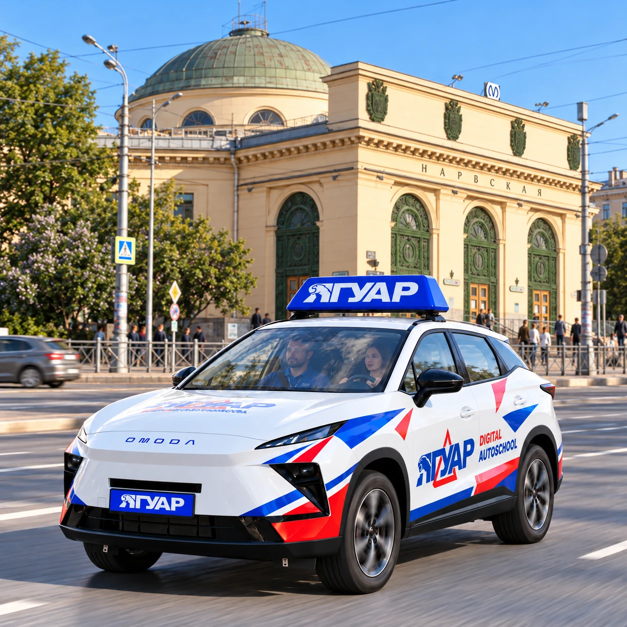 Учебный автомобиль «Ягуар» в движении рядом с метро Нарвская