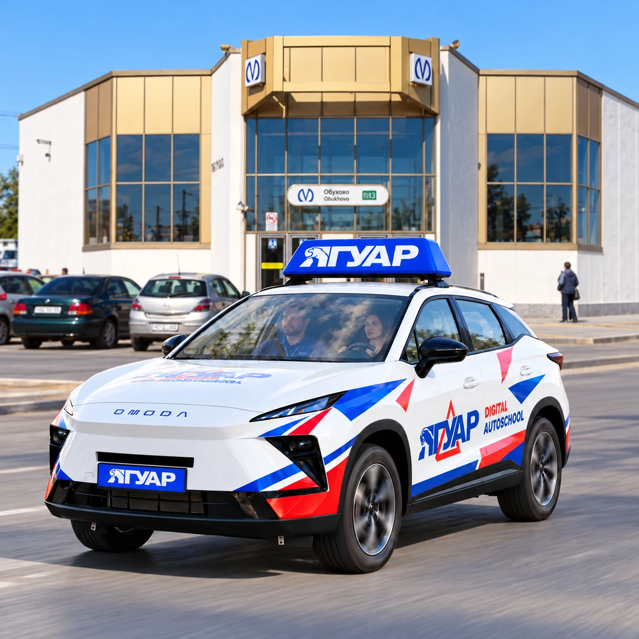 Учебный автомобиль «Ягуар» в движении рядом с метро Обухово