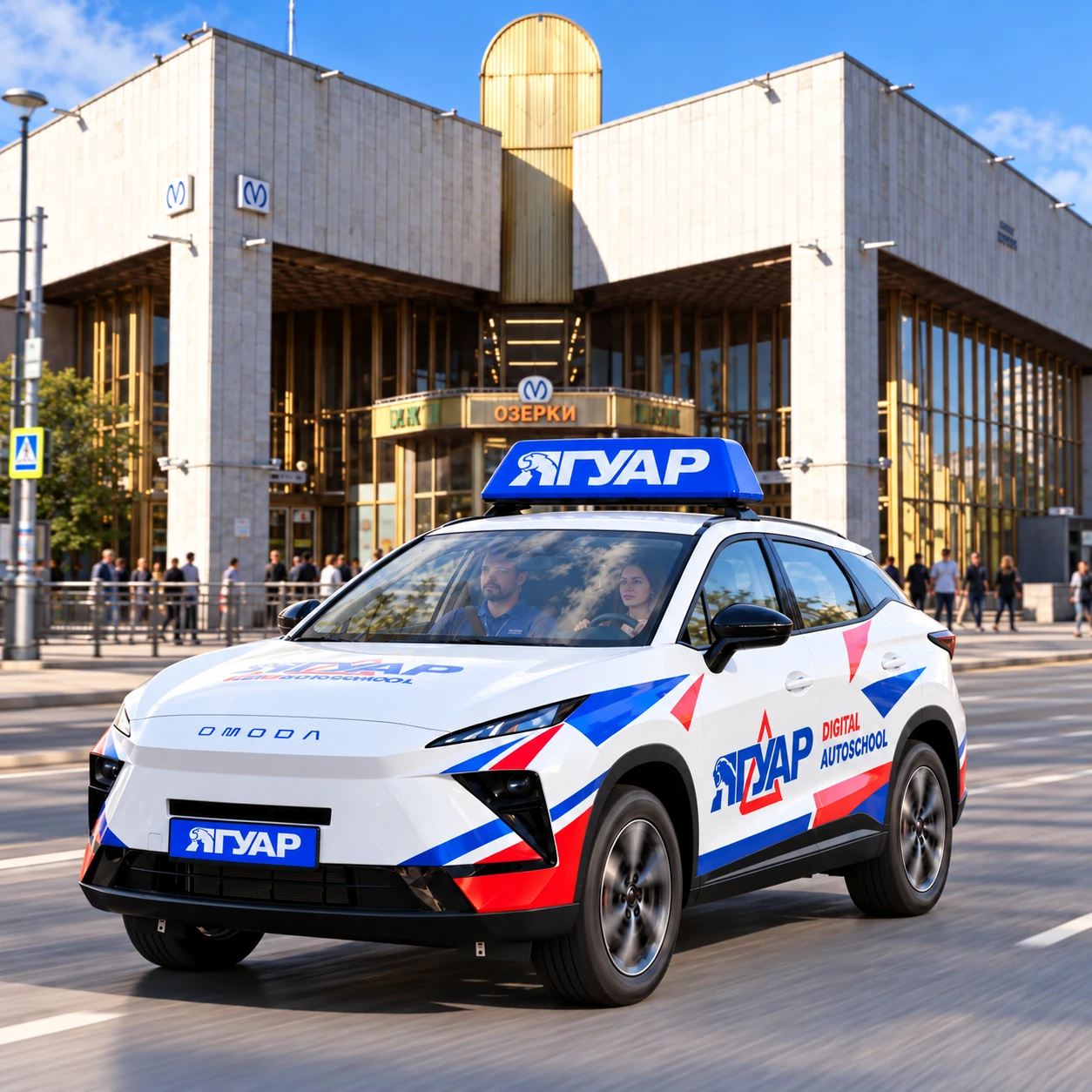 Учебный автомобиль «Ягуар» в движении рядом с метро Озерки