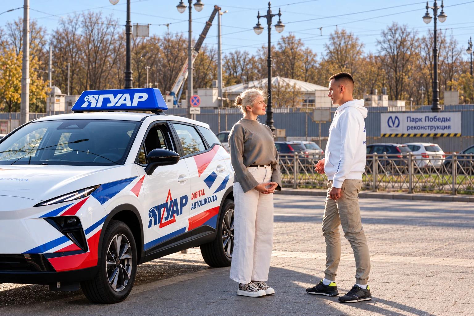 Ученица встречается с инструктором у метро Парк Победы