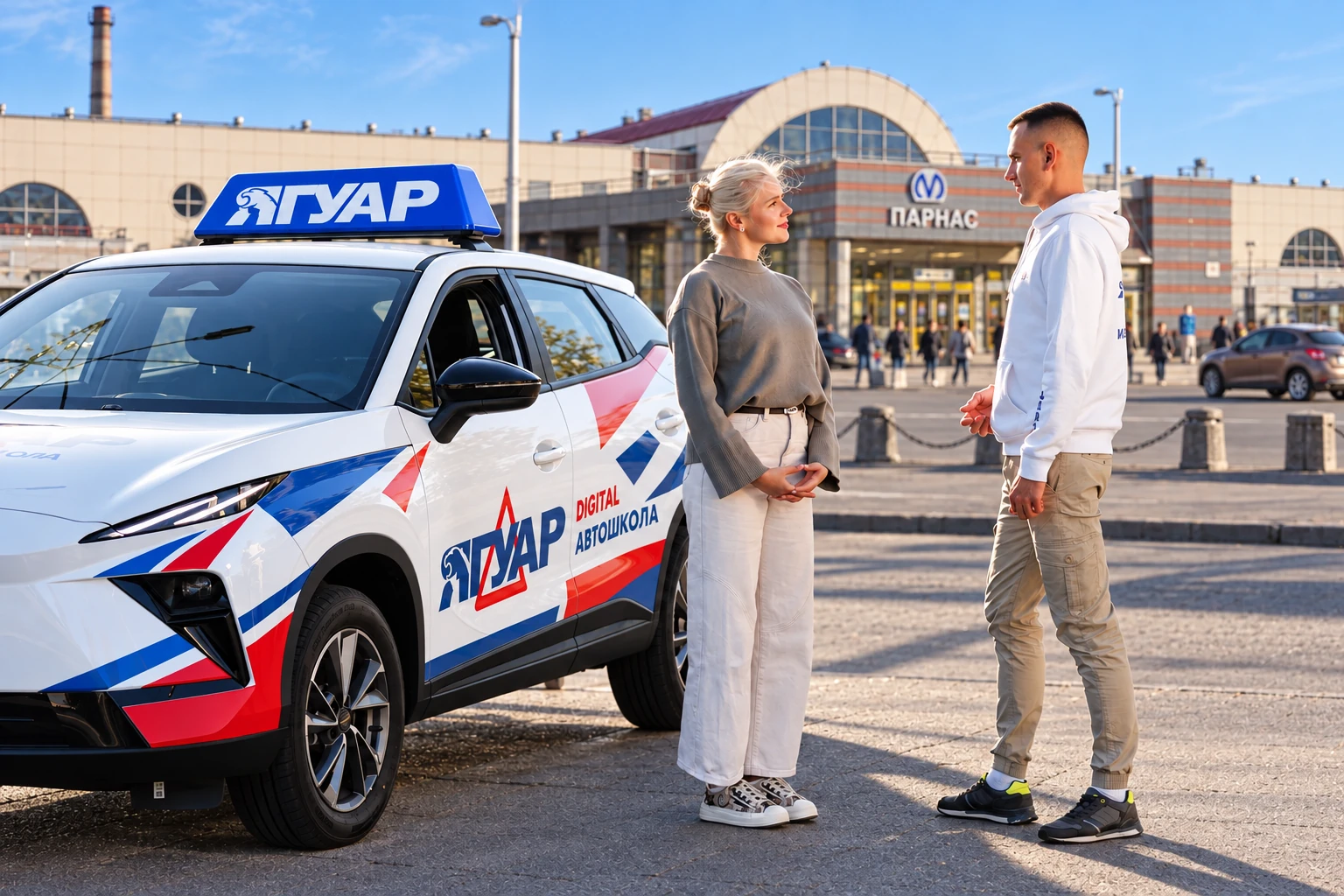 Ученица встречается с инструктором у метро Парнас