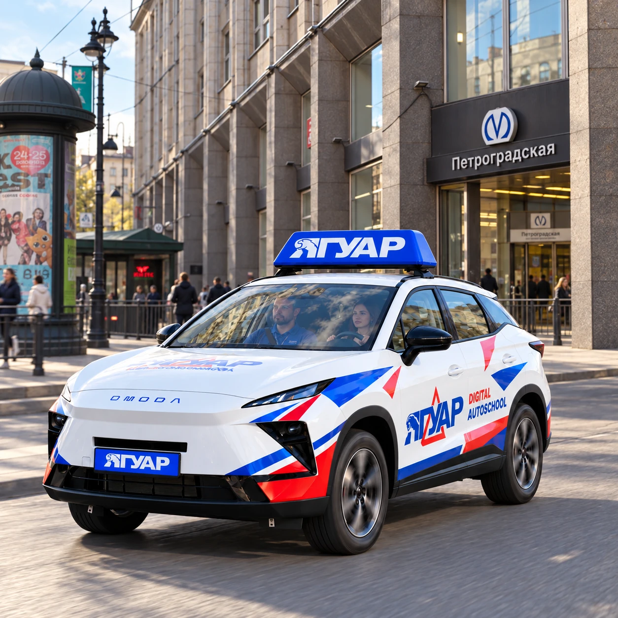 Учебный автомобиль «Ягуар» в движении рядом с метро Петроградская