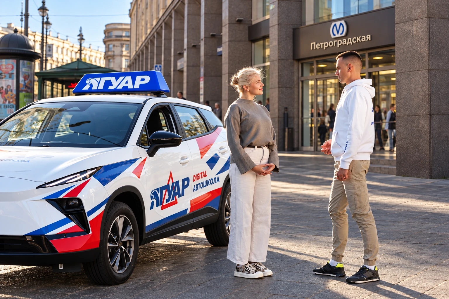 Ученица встречается с инструктором у метро Петроградская