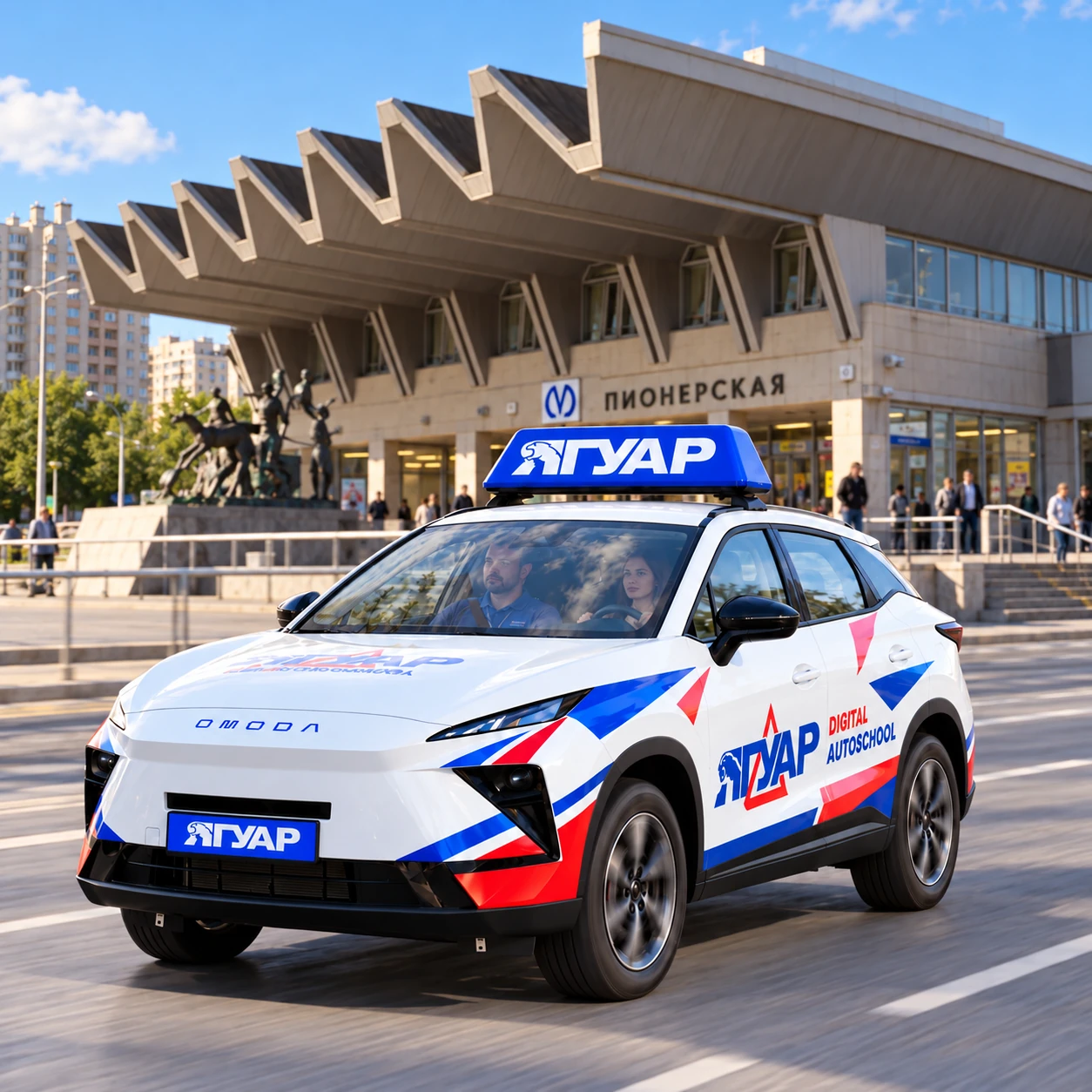 Учебный автомобиль «Ягуар» в движении рядом с метро Пионерская