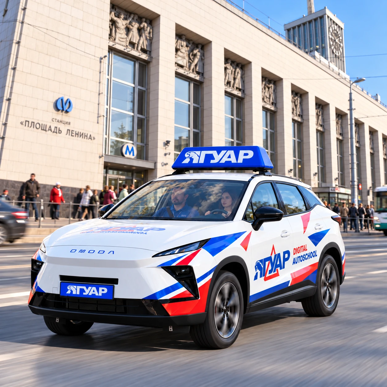 Учебный автомобиль «Ягуар» в движении рядом с метро Площадь Ленина