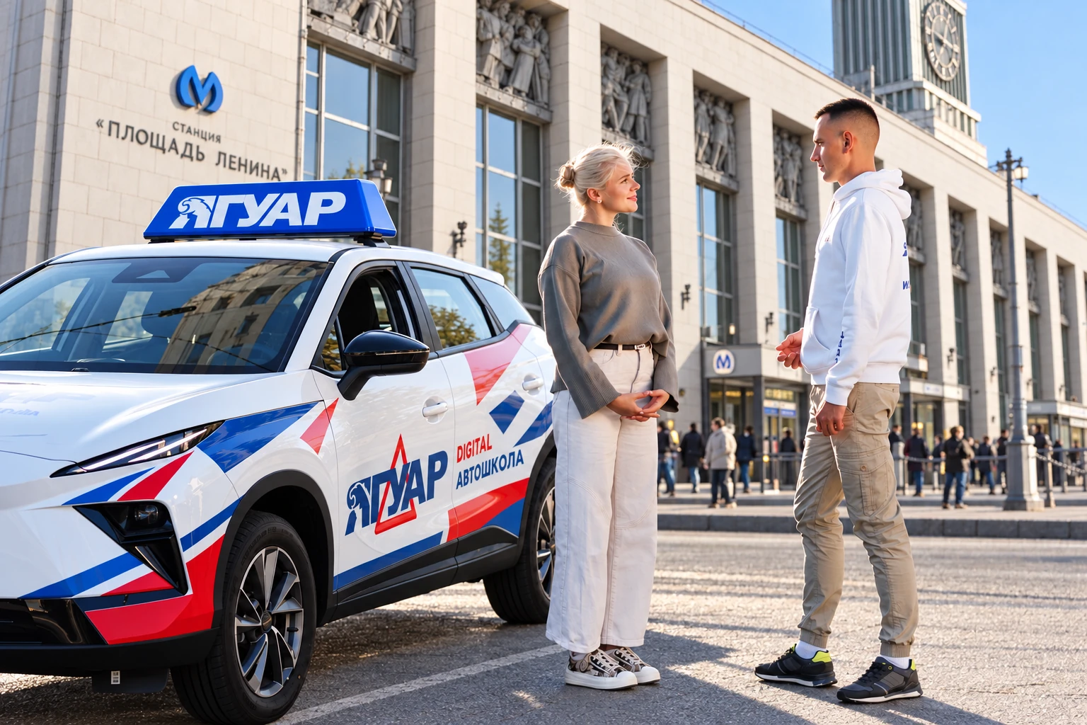 Ученица встречается с инструктором у метро Площадь Ленина