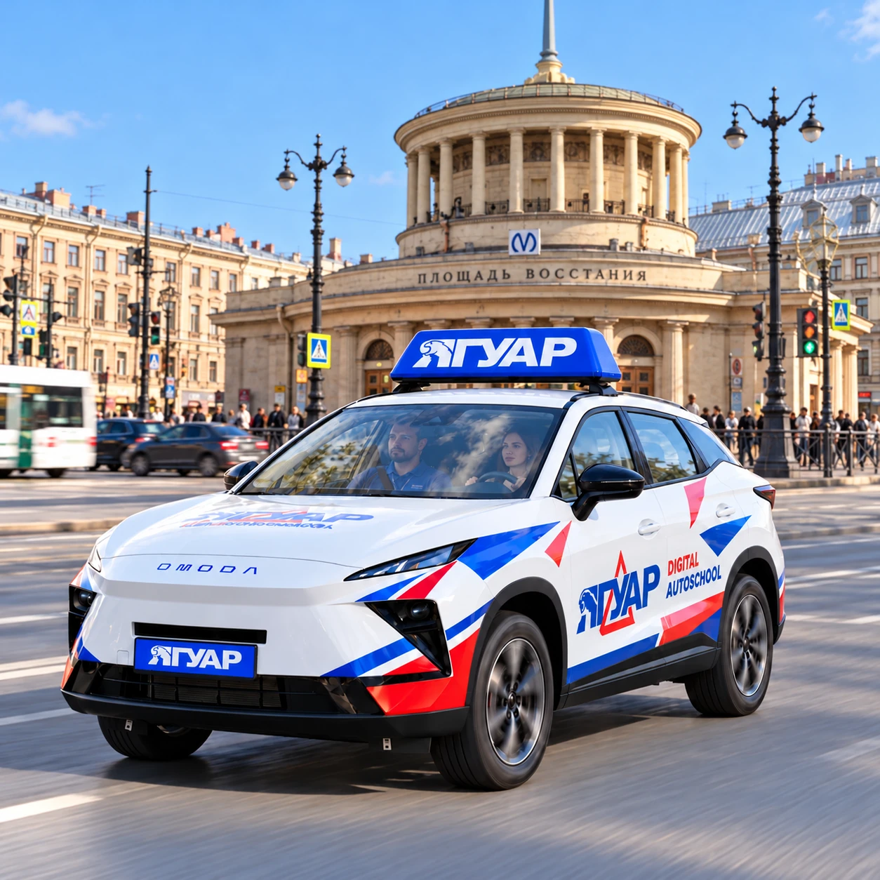 Учебный автомобиль «Ягуар» в движении рядом с метро Площадь Восстания