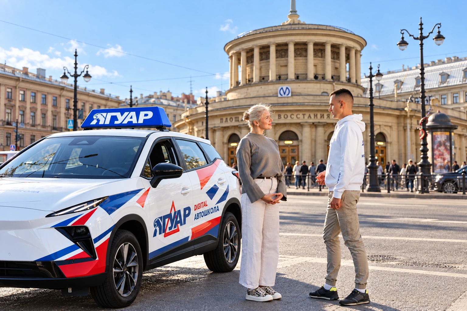 Ученица встречается с инструктором у метро Площадь Восстания
