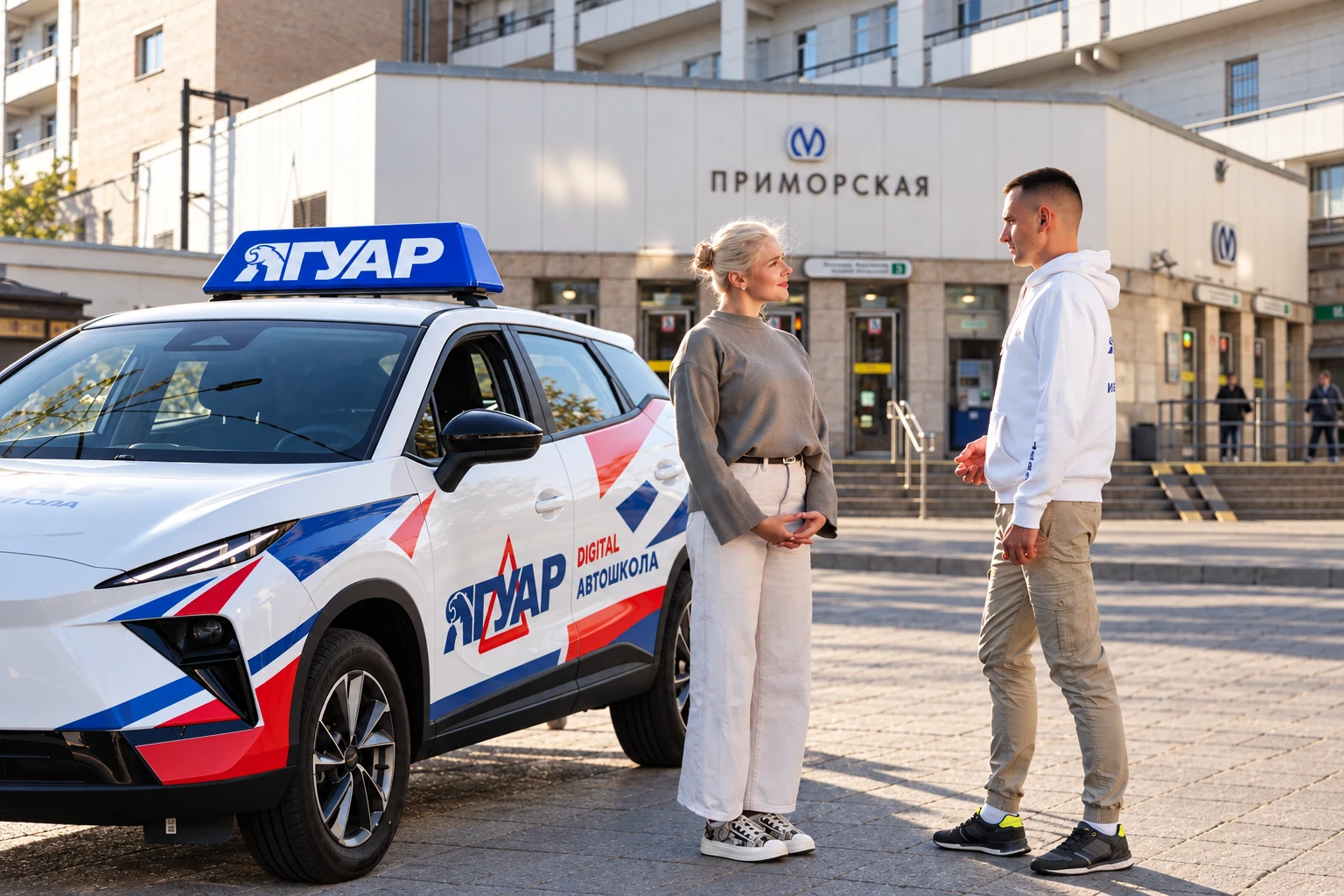 Ученица встречается с инструктором у метро Приморская