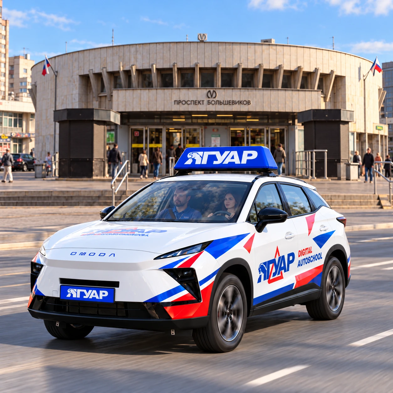 Учебный автомобиль «Ягуар» в движении рядом с метро Проспект Большевиков
