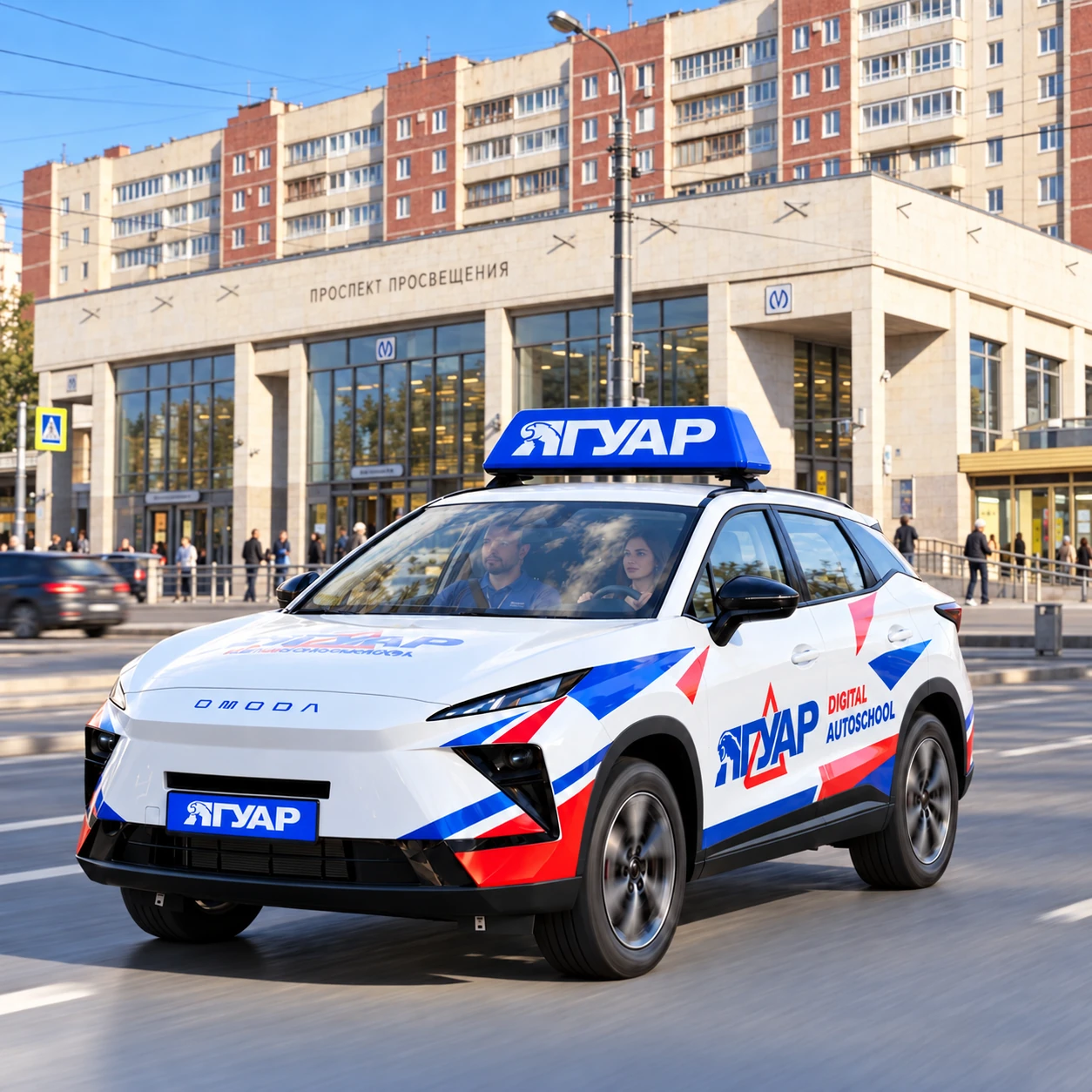 Учебный автомобиль «Ягуар» в движении рядом с метро Проспект Просвещения