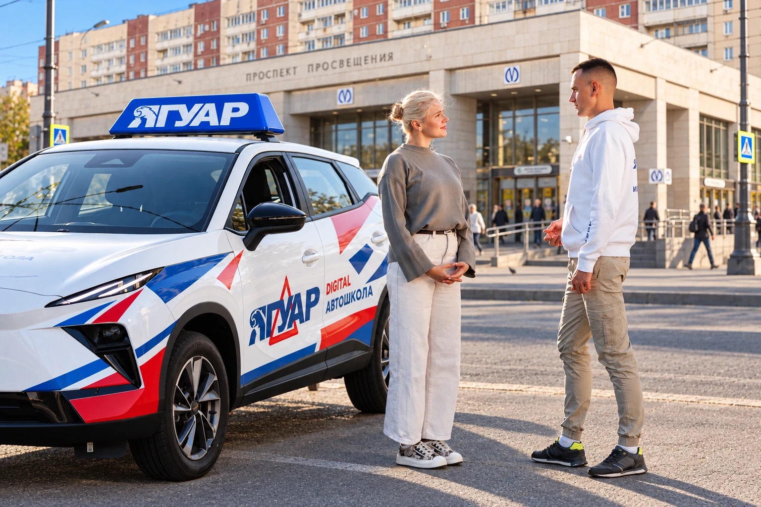 Ученица встречается с инструктором у метро Проспект Просвещения