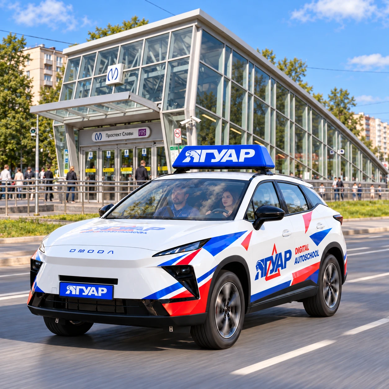Учебный автомобиль «Ягуар» в движении рядом с метро Проспект Славы