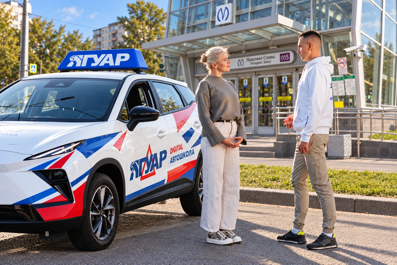 Ученица встречается с инструктором у метро Проспект Славы