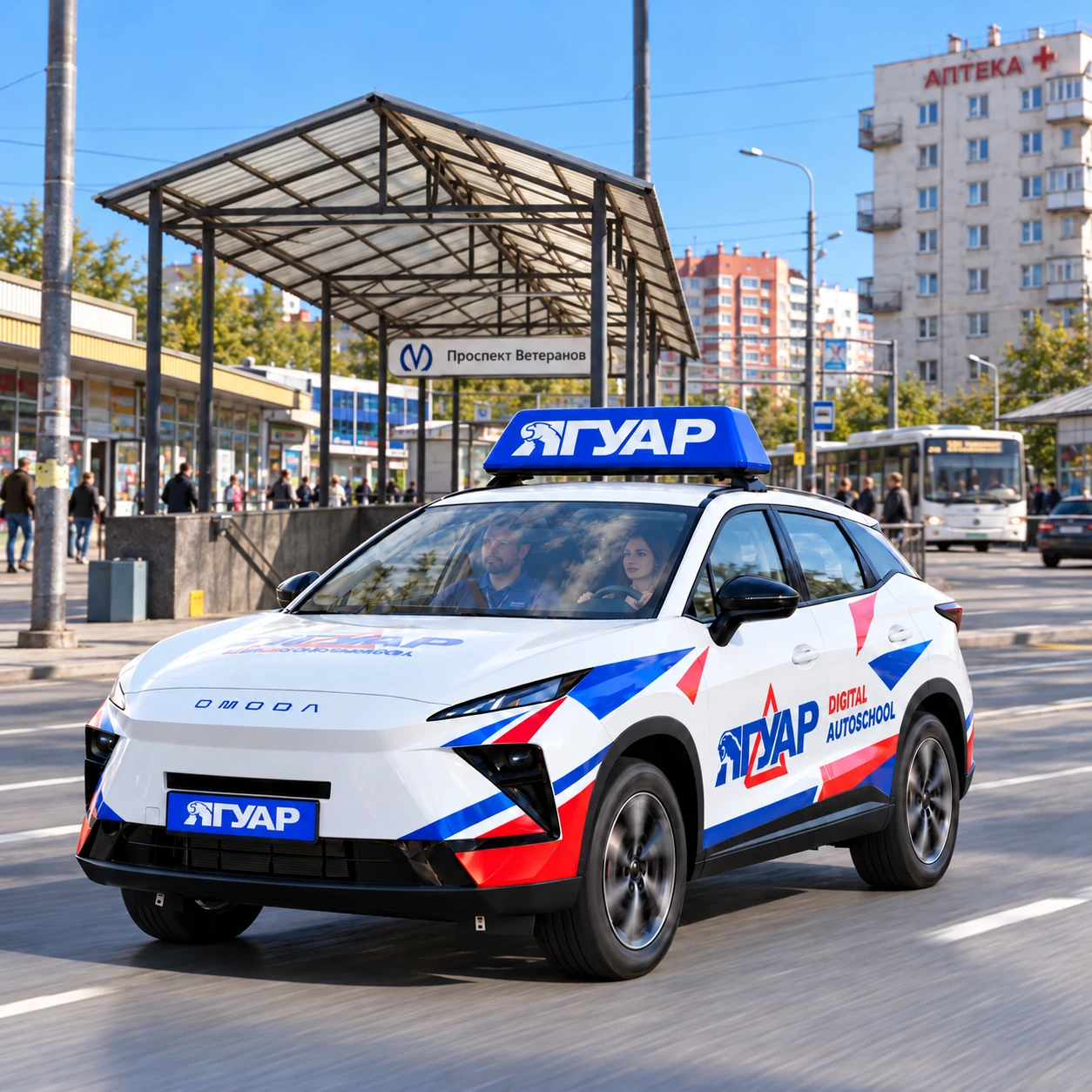 Учебный автомобиль «Ягуар» в движении рядом с метро Проспект Ветеранов