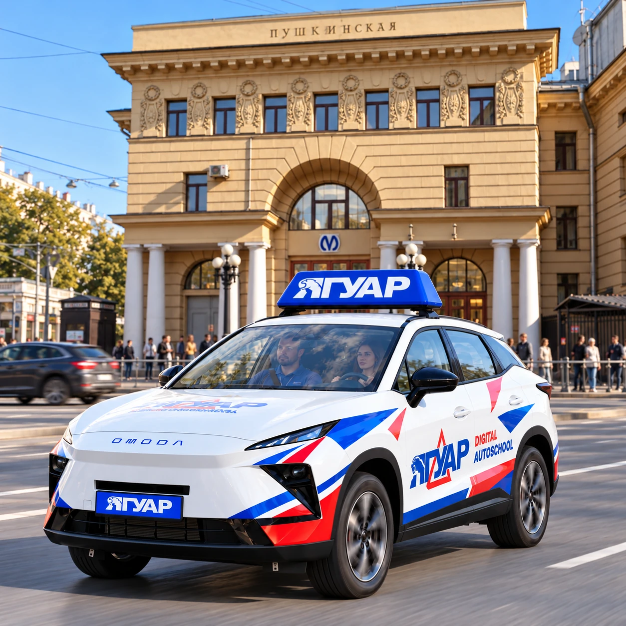 Учебный автомобиль «Ягуар» в движении рядом с метро Пушкинская
