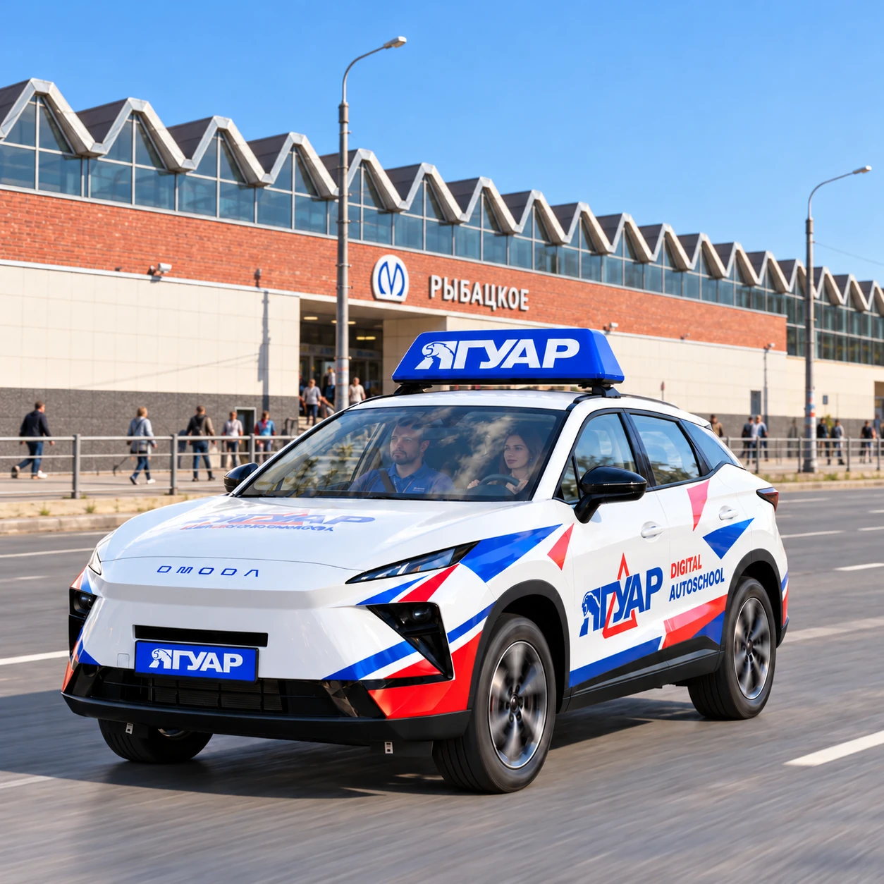Учебный автомобиль «Ягуар» в движении рядом с метро Рыбацкое