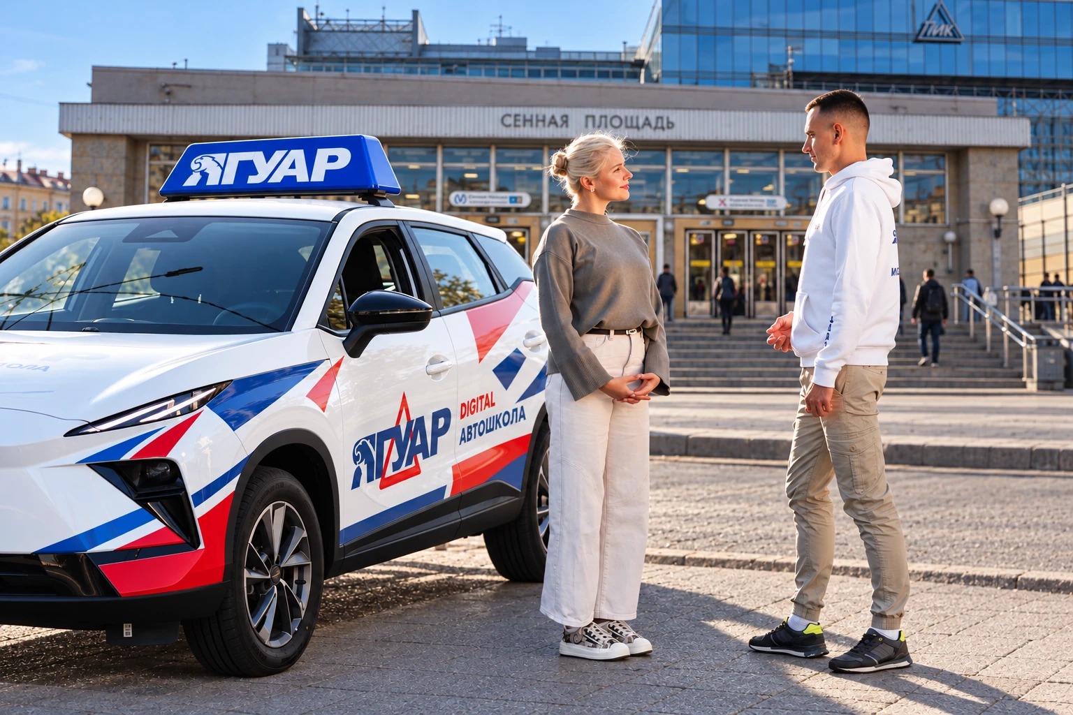 Ученица встречается с инструктором у метро Сенная площадь