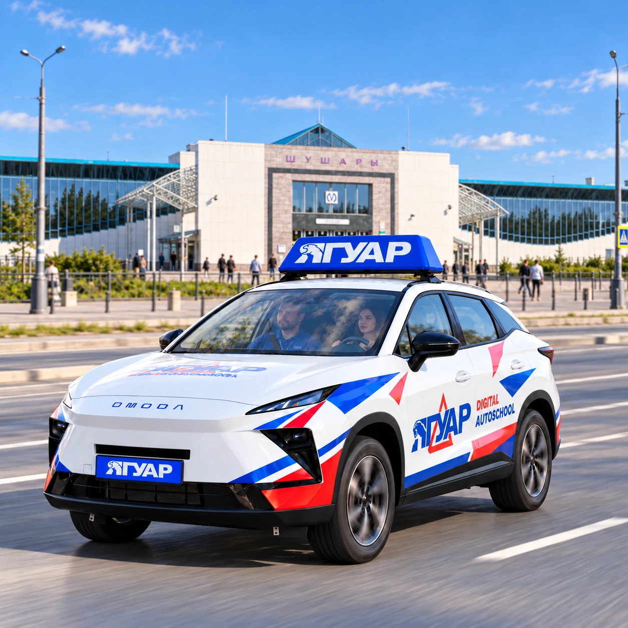 Учебный автомобиль «Ягуар» в движении рядом с метро Шушары
