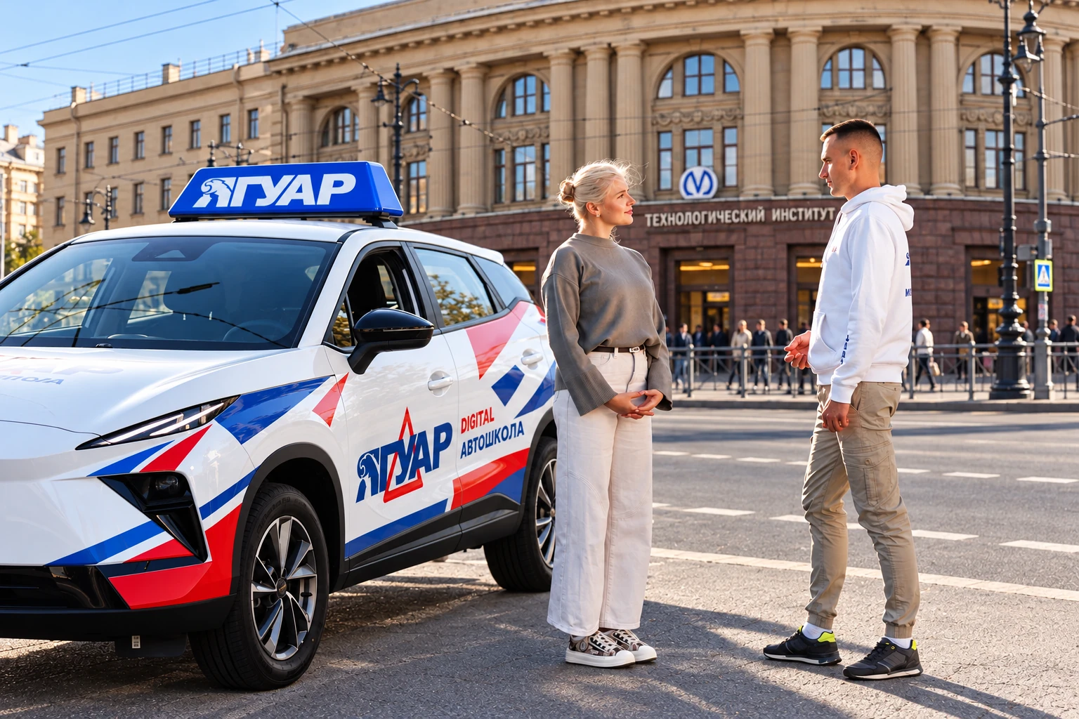 Ученица встречается с инструктором у метро Технологический институт