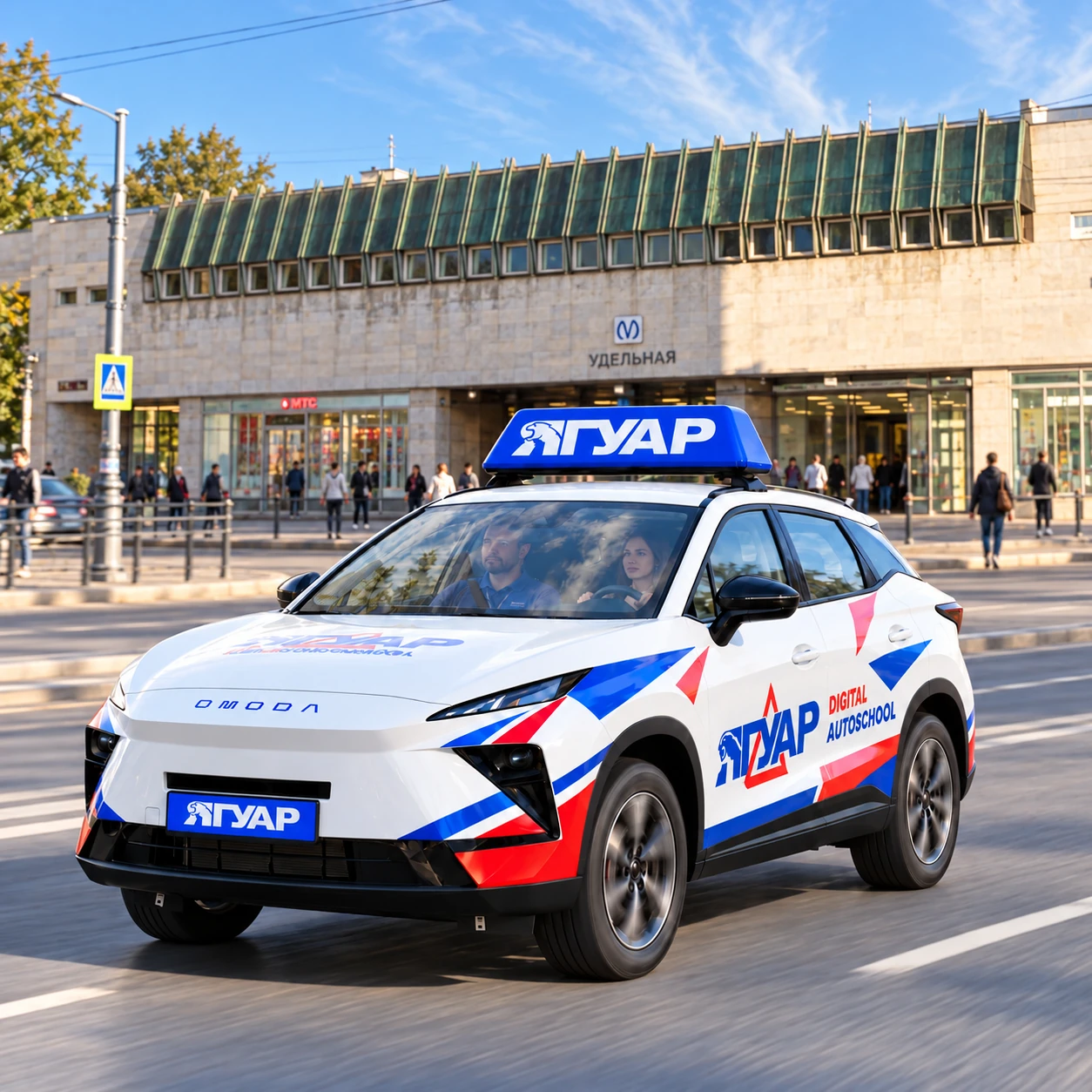 Учебный автомобиль «Ягуар» в движении рядом с метро Удельная